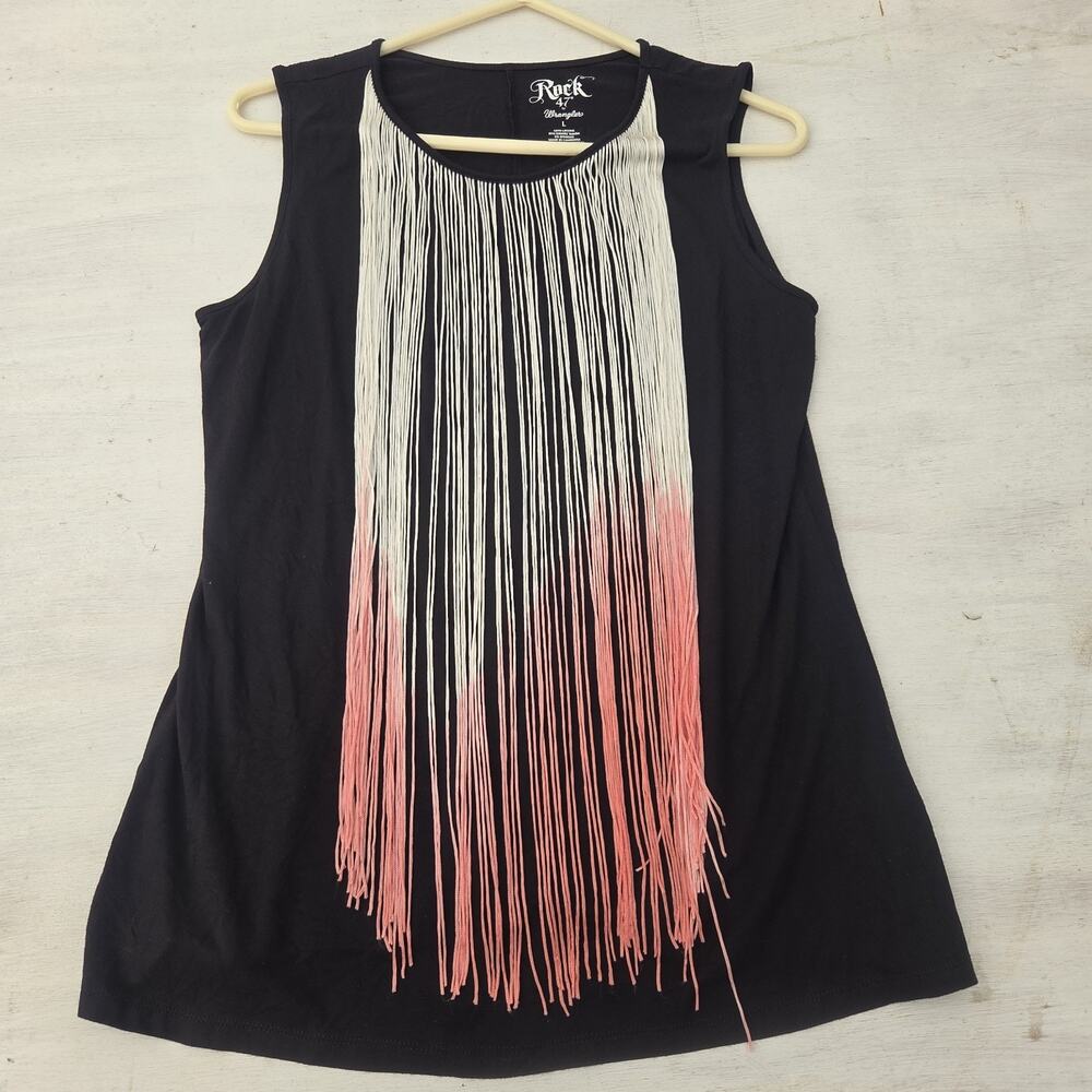 Rock 47 by Wrangler Womens L Black Sleeveless Top White Pink Fringe Western
